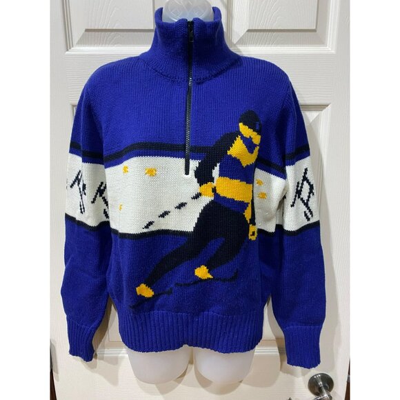 Vintage 70s Obermeyer Womens Ski Sweater M Blue Wool Blend Half-Zip Nordic Style - Picture 9 of 9